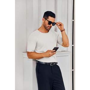 2025 hommes décontracté coupe ajustée col rond pull pull basique Stretch à manches courtes haut en tricot - Product Image 2