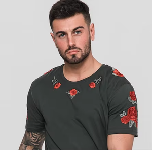 Men's Black Short Sleeve O-Neck T-Shirt Red <b>Rose</b> Embroidery Slim Fit Casual Breathable 100% Cotton Jersey Knitted <b>Top</b> 220 Grams - Product Image 5