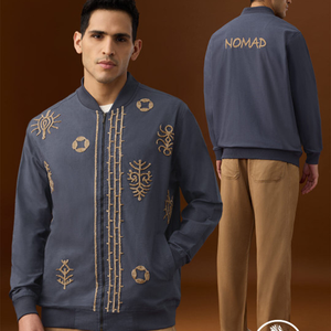 Men'<b>s</b> Navy Blue Bomber <b>Jacket</b> With Hand Embroidered Geometric Patterns Stand Collar Zipper Closure Casual Style - Product Image 3