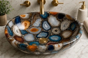 Luxury Multi Agate Stone Sink Handmade Oval Vessel <b>Basin</b> Natural Gemstone Bathroom Sink for Hotel & Home Interior - Product Image 2