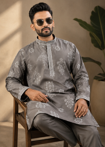 Mens Ethnic Grey Printed Cotton Kurta Pajama <b>Set</b> Embroidered Neck Indian Traditional Festival Outfit Wholesale Supplier B2B - Product Image 2