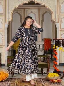 Women's <b>Plus</b> <b>Size</b> Rayon Anarkali Kurta Blue Abstract Printed Round Neck Three Quarter Sleeves Comfortable Daily Wear - Product Image 5