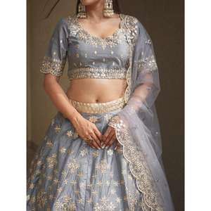 Impresionante espejo de papel gris Trabajo Seda Diseñador Lehenga Choli Con Dupatta - Product Image 4