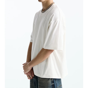 เสื้อยืดผู้ชายสีขาวทรงปกติ ผ้าแคนวาสคอตตอน 100% แขนสั้น คอกลม ดีไซน์เรียบง่าย สีพื้น ผ้าถัก ไม่หด 300 - Product Image 2