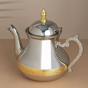 Silver Tea Kettle With Gold Accents Round <b>Classic</b> Design For Coffee And Tea Tools With Lid - Product Image 1