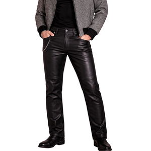 Men Genuine Sheep Leather <b>Trousers</b> Black Straight Fit Leather Pants Fashion Casual Wear - Product Image 1