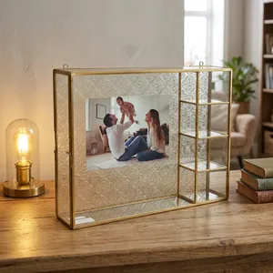 Modern Gold Metal Storage <b>shelf</b> With Carved Glass Panel Rectangle <b>Standing</b> and hanging Type For Living Room picture fram - Product Image 4