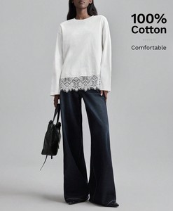 Camisa de manga larga para mujer, 100% algodón premium, con ribete de encaje, corte holgado, informal, con abertura lateral, blusa con bordado tonal personalizado. - Product Image 5