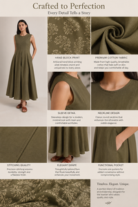 Robe midi sans manches vert olive |   Robe décontractée à col rond en mélange de coton, coupe évasée, avec poches latérales - Product Image 5