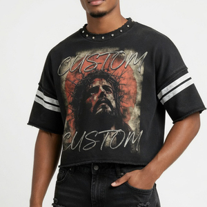 Custom Cropped Graphic T Shirt Women's Vintage Washed Distressed Studded Tee Oversized Streetwear OEM Wholesale - Product Image 3