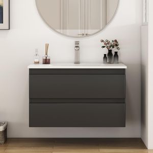 Mobile Bagno Sospeso da 32 Pollici con Doppio Cassetto, Ante Arrotondate, Sistema Soft-Close, Lavabo in Ceramica, Nessun Montaggio Hardware Richiesto - Product Image 6