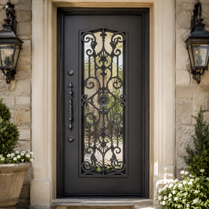 Porte d'entrée simple en fer forgé bronze foncé avec panneau en verre et poignée à motifs sculptés pour entrée de villa - Product Image 1
