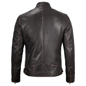 Veste moto en cuir véritable pour homme, col montant, fermeture éclair, couleur unie, coupe classique, pour l'automne - Product Image 2