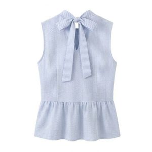 Vertical Ribbed Sturdy Knit Women Blouses Peplum Flare Hemline <b>Sky</b> <b>Blue</b> Cotton Blend Soft Comfy Round Neck Sleeveless <b>Tops</b> - Product Image 3