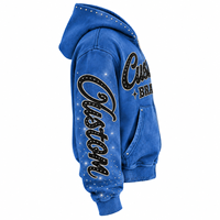 Sweat à capuche zippé personnalisé bleu avec strass pour homme, style streetwear oversize, effet délavé, brodé, vêtements de marque sur mesure