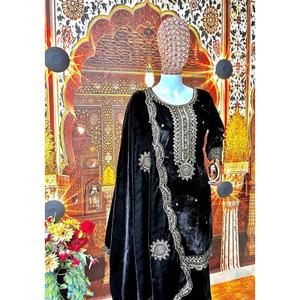 FANCY VELVET EMBROIDERY <b>LACE</b> WORK <b>TOP</b> PALAZZO WITH DUPATTA <b>BLACK</b> - Product Image 5