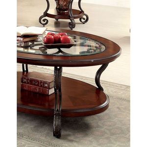 Tavolino da Caffè in Stile Tradizionale Marrone Ciliegio con Ripiano Inferiore Aperto e Piano in Vetro Decorato per Arredamento Soggiorno - Product Image 5