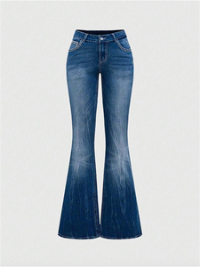 Pantalones Vaqueros Acampanados Personalizados Muzamin para Mujer, Poliéster/Algodón, Secado Rápido y Transpirables, Estilo Vintage, Largos - Product Image 1