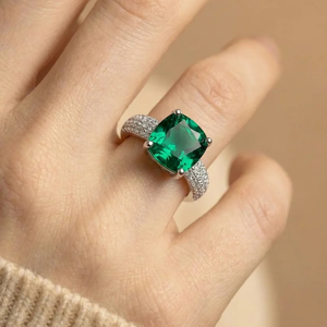 <b>Emerald</b> Cut Green Stone Cocktail <b>Ring</b> Women's 925 <b>Silver</b> Pave Band Luxury Geometric Style - Product Image 1