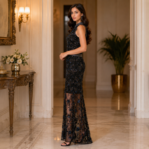 Luxury Black Beaded Floral Evening Dress Women Halter Neck Sheer Mesh Maxi Gown Hand Embellished Party Wedding Formal Designer - Product Image 4