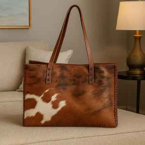 Sac fourre-tout en cuir véritable avec poils, broderie de logo personnalisée, fermeture éclair, prix d'usine, usage quotidien, couleur unie, style décontracté vintage, design de créateur - Product Image 1