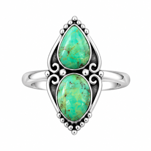 Anillo de Turquesa Verde con 2 Piedras, Forma de Pera Ovalada, Hecho a Mano, Estilo Bohemio Occidental, Anillo de Joyería con Piedras Preciosas de Diseño Único - Product Image 3
