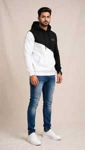 Men's Black <b>White</b> Color Block Hoodie Casual Pullover <b>Sweatshirt</b> With Front Pocket - Product Image 6