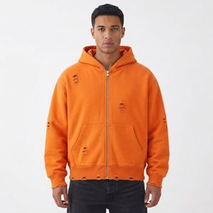 Sweat à capuche zippé pour homme, effet vieilli, avec impression graphique personnalisée, en molleton épais, style streetwear urbain, fabricant grossiste - Product Image 4