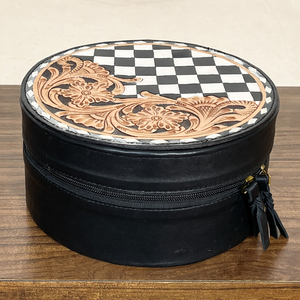 Étuis à bijoux ronds 2026 en cuir de vache véritable, motif floral artisanal, noir et blanc à carreaux, avec fermeture éclair, organisateur de maquillage - Product Image 4