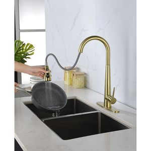 Rubinetto da cucina commerciale moderno in acciaio inossidabile con maniglia singola ad arco alto, piastra di fissaggio e doccetta estraibile - Product Image 1