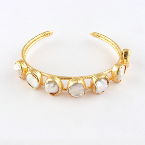 Trendy natural white baroque pearl texture finish double layer cuff <b>bracelet</b> gold plated <b>adjustable</b> open bangle handmade Jewelry - Product Image 3