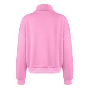Sudadera casual de mujer con cremallera de un cuarto, cuello alto, hombros caídos, bolsillo canguro, color rosa liso - Product Image 6