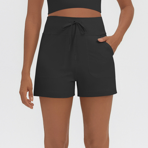 Men's High Waist Drawstring Solid Black Shorts With Pockets Casual Knitted Spandex Polyester Breathable Short Shorts - Product Image 4