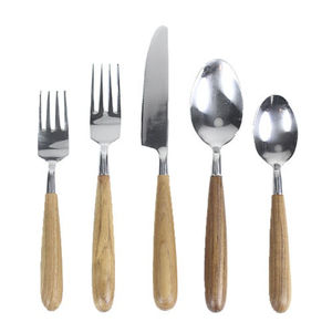 Juego de cubiertos de lujo de acero inoxidable dorado con mango de madera de acacia, elegantes cucharas y tenedores para servir, utensilios para el hogar y hoteles. - Product Image 4