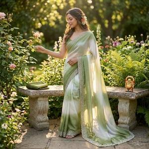 Sari de seda de diseño para fiesta con trabajo de Zarkan y blusa de seda con trabajo de Zarkan - Product Image 2