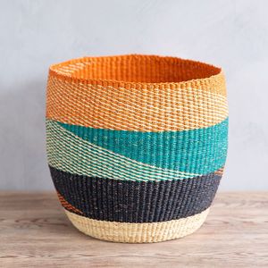 Artisan Crafted Natural Seagrass <b>Basket</b> with Orange Rim Wave Design Storage Laundry <b>Hamper</b> Bin with Upright Handles New - Product Image 2