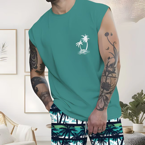 Conjunto de 2 Piezas de Camiseta sin Mangas y Pantalones Cortos de Secado Rápido 100% Algodón, Estilo Vacacional Tropical con Palmeras, para Hombre, Ropa Urbana Diaria de Verano - Product Image 1
