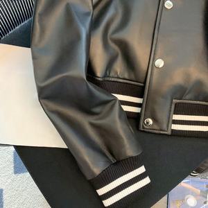 Wholesale Manufacture Black Lamb Skin Leather Bomber <b>Coat</b> Crop Real Leather Varsity Jacket For Women - Product Image 4