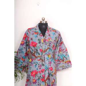 เสื้อคลุมกิโมโนสไตล์โบฮีเมียนสำหรับผู้หญิงอินเดีย ความยาวปานกลาง ผ้าฝ้ายอย่างดี ใช้เป็นชุดนอนได้ มีสายผูกตกแต่งกระดุม ดีไซน์หวานๆ ทรงหลวม - Product Image 4