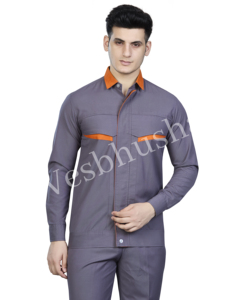 Chemise de travail pour homme, grise, à manches longues, avec accents orange, en coton respirant, style mode travail - Product Image 3