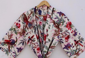 Bird Print Cotton <b>Kimono</b> Robe V Neck Loose Fit <b>Beach</b> Cover Up Summer Loungewear for Women Hand Print Cotton <b>kimono</b> Night wear - Product Image 2