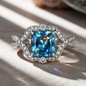 Anillo de compromiso y aniversario de boda con moissanita azul corte princesa en plata de ley 925 con engaste de puntas chapado en oro - Product Image 1