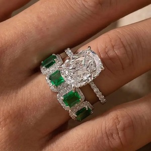 925 Silver Moissanite 5.5 Carat Vintage <b>Cushion</b> Cut <b>Wedding</b> <b>Ring</b> Set Halo Emerald Cut Half <b>Wedding</b> Band White Gold Plated 4 - Product Image 1