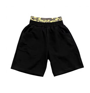 Shorts pour hommes noirs brodés avec lettres, taille élastique, décontractés, en coton tricoté respirant, style avec logo frontal, longueur mi-cuisse - Product Image 1