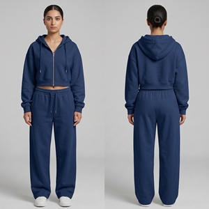 Custom <b>Women</b> 2 Piece Set Cropped Zip Up Hoodie <b>Jogger</b> Sweatpants Tracksuit <b>Fleece</b> Sportswear Wholesale OEM China Manufacturer - Product Image 5