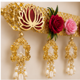 Toran Floral Tradicional Hecho a Mano con Diseño de Loto, Adorno para Puerta con Borlas de Perlas y Detalles Dorados, Decoración Festiva India para el Hogar - Product Image 3