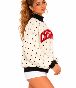 Wholesale Custom <b>Women's</b> <b>Christmas</b> <b>Sweatshirt</b> Oversized Mock Neck Polka Dots screen print Drop Shoulder Casual Winter Streetwear - Product Image 6