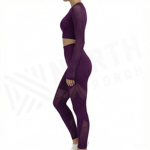 Women's 2 Piece Yoga Set <b>Long</b> <b>Sleeve</b> Crop <b>Top</b> High Waist Leggings Hollow Out Mesh <b>Gym</b> Activewear - Product Image 3