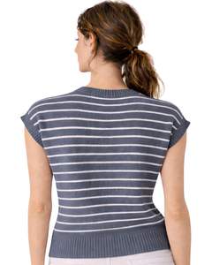 Gilet pull sans manches en tricot rayé gris et blanc pour femme, col rond, léger, décontracté, tendance été - Product Image 2