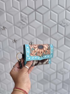High Quality Cowhide fur Leather New Hand Tooled Carving <b>Small</b> Coin <b>Purse</b> Multi Uses Mini Wallet for Women Western Gifts - Product Image 2